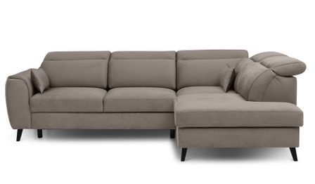 Canapé d’angle convertible NOBLESSE en tissu avec coffre et pieds en bois noir – 265 cm