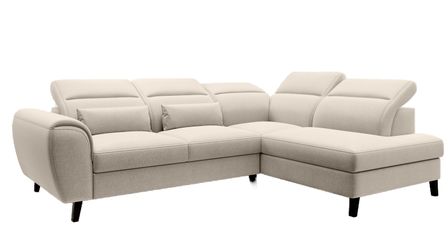 Canapé d’angle convertible NOBLESSE en tissu avec coffre et pieds en bois noir – 265 cm