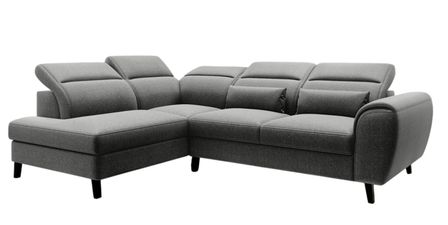 Canapé d’angle convertible NOBLESSE en tissu avec coffre et pieds en bois noir – 265 cm