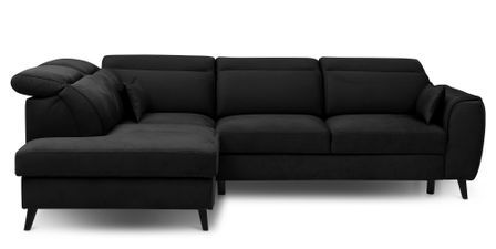 Canapé d’angle convertible NOBLESSE en tissu avec coffre et pieds en bois noir – 265 cm