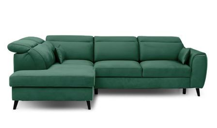 Canapé d’angle convertible NOBLESSE en tissu avec coffre et pieds en bois noir – 265 cm