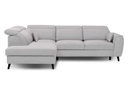 Canapé d’angle convertible NOBLESSE en velours avec coffre et pieds en bois noir – 265 cm