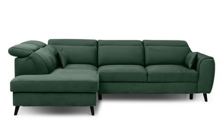 Canapé d’angle convertible NOBLESSE en velours avec coffre et pieds en bois noir – 265 cm