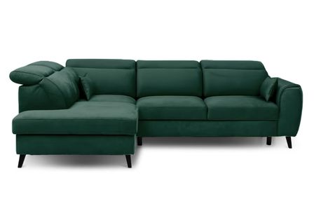 Canapé d’angle convertible NOBLESSE en velours avec coffre et pieds en bois noir – 265 cm