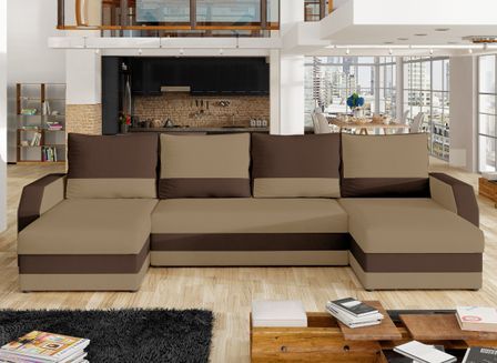 Canapé d'angle convertible panoramique bicolore tissu marron clair et marron foncé Nordy 307 cm