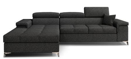 Canapé d’angle convertible RIKARO en tissu avec coffre, têtières réglables et pieds en acier chromé – 281 cm