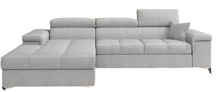 Canapé d’angle convertible RIKARO en tissu avec coffre, têtières réglables et pieds en acier chromé – 281 cm