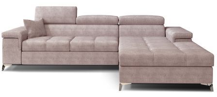 Canapé d’angle convertible RIKARO en tissu avec coffre, têtières réglables et pieds en acier chromé – 281 cm