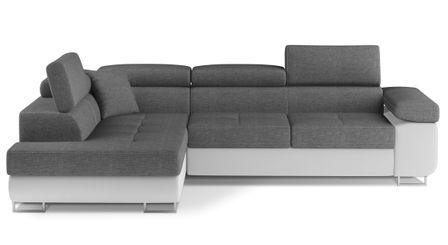 Canapé d'angle convertible simili cuir et tissu MARKA - Coffre et appuis-tête réglables