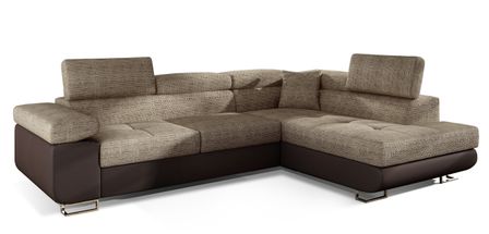 Canapé d'angle convertible simili cuir et tissu MARKA - Coffre et appuis-tête réglables