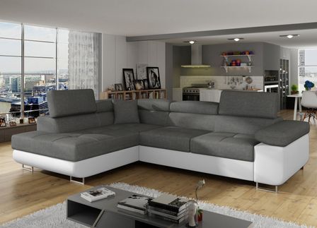 Canapé d'angle convertible simili cuir et tissu MARKA - Coffre et appuis-tête réglables