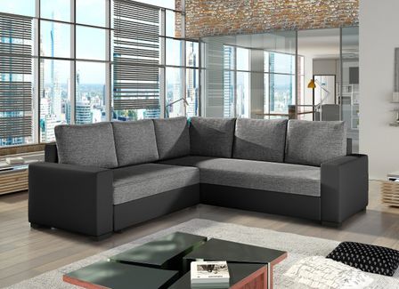 Canapé d'angle convertible simili noir et tissu gris chiné Travor 235 cm