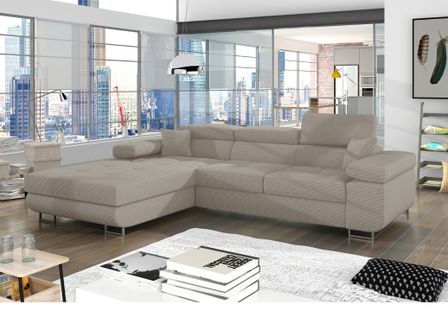 Canapé d'angle convertible tissu appuis-tête réglables KALIZO - Coffre et pieds acier chromé