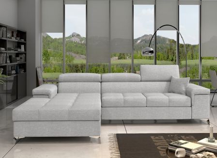 Canapé d'angle convertible tissu appuis-tête réglables RIKARO - Coffre et pieds acier chromé