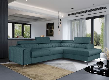 Canapé d'angle convertible tissu appuis-tête réglables LOZA - Coffre et pieds acier chromé