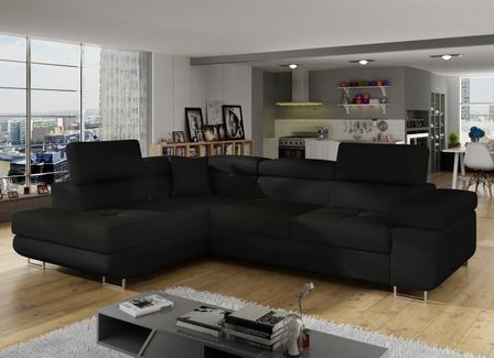 Canapé d'angle convertible tissu MARKA - Coffre et appuis-tête réglables