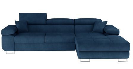 Canapé d'angle convertible velours appuis-tête réglables KALIZO - Coffre et pieds acier chromé