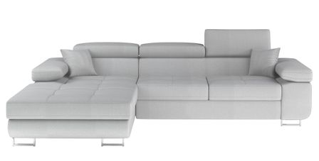 Canapé d'angle convertible velours appuis-tête réglables KALIZO - Coffre et pieds acier chromé