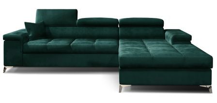 Canapé d'angle convertible velours appuis-tête réglables RIKARO - Coffre et pieds acier chromé