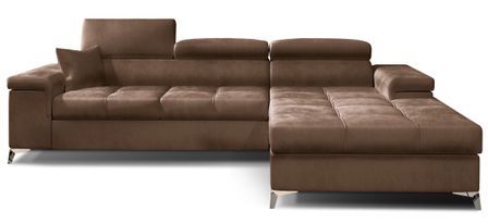 Canapé d’angle convertible RIKARO en velours avec coffre et têtières réglables – 281 cm