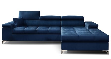 Canapé d'angle convertible velours appuis-tête réglables RIKARO - Coffre et pieds acier chromé