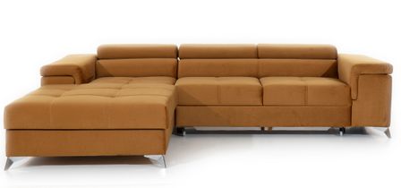 Canapé d'angle convertible velours appuis-tête réglables RIKARO - Coffre et pieds acier chromé