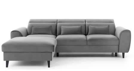 Canapé d'angle convertible velours appuis-tête réglables ASTORIA - Coffre et pieds bois noir