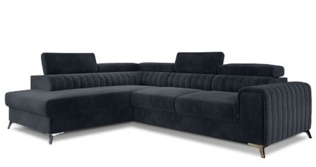 Canapé d'angle convertible velours avec appuis-tête réglables LOZA - Coffre et pieds acier chromé