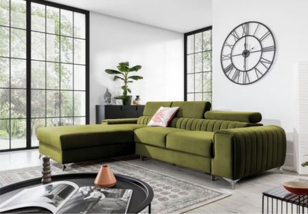 Canapé d'angle convertible velours têtière réglables GRENKY - Coffre, pieds acier chromé