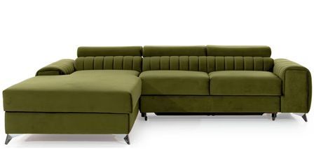 Canapé d'angle convertible velours appuis-tête réglables GRENKY - Coffre et pieds acier chromé