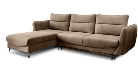 Canapé d'angle convertible velours ZURIK - Coffre de rangement et pieds métal noir