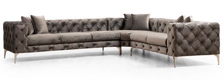 Canapé d'angle droit capitonné velours gris foncé et pieds chromés Herakles 270 cm