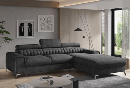 Canapé d'angle droit convertible effet cuir appuis-tête réglables GRENKY - Coffre et pieds acier chromé