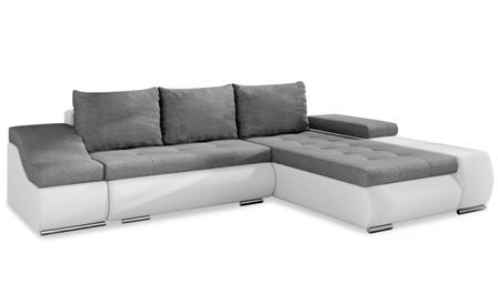 Canapé d'angle droit convertible similicuir blanc et tissu gris Ony