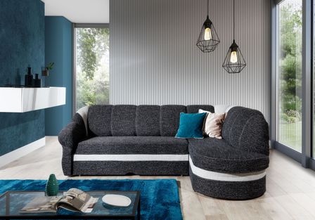 Canapé d'angle droit convertible velours bleu marine et gris clair Sundy 250 cm