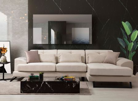 Canapé d'angle droit velours beige clair avec têtières relevables et pieds metal noir Briko 308 cm
