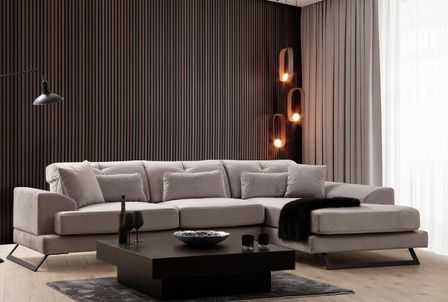 Canapé d'angle droit velours gris avec têtières relevables et pieds metal noir Briko 308 cm