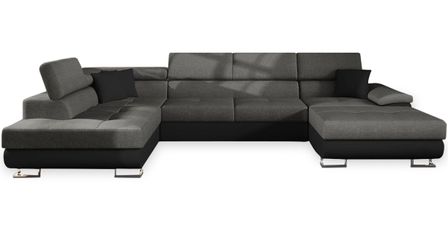 Canapé d'angle en U convertible tissu gris et simili noir Levus 345 cm
