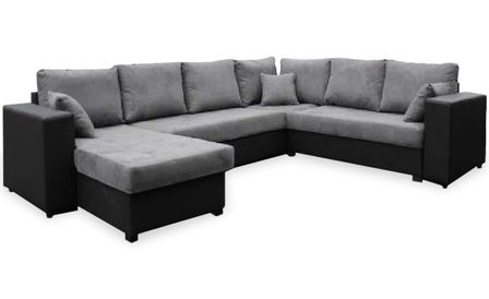 Canapé d'angle en U simili noir et tissu gris Trina méridienne à gauche