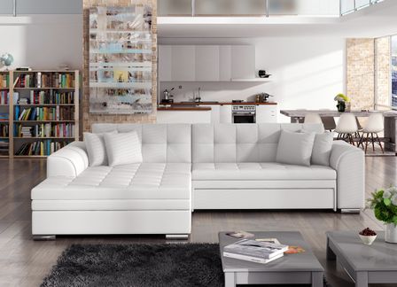 Canapé d'angle gauche convertible 5 places simili blanc Looka - Pieds métal chromé