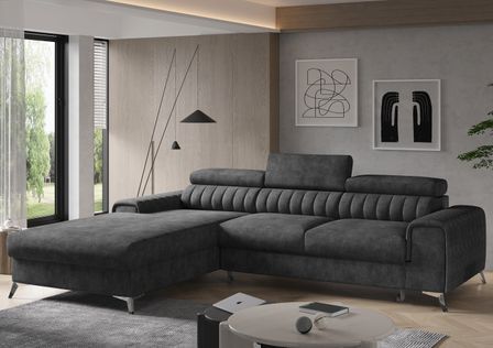 Canapé d'angle gauche convertible effet cuir appuis-tête réglables GRENKY - Coffre et pieds acier chromé