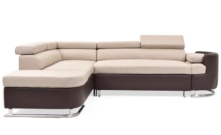 Canapé d'angle gauche convertible simili cuir marron et tissu beige Bianca