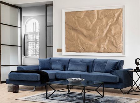 Canapé d'angle gauche velours bleu avec têtières relevables et pieds metal noir Briko 308 cm