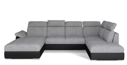 Canapé d’angle panoramique LEVANO tissu et simili cuir - Convertible et coffre de rangement