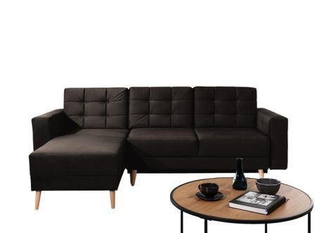 Canapé d’angle réversible convertible ANSKA en velours avec pieds en bois naturel – 248 cm