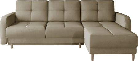 Canapé d’angle réversible convertible KINDO en tissu avec pieds en bois clair – 240 cm