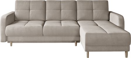Canapé d’angle réversible convertible KINDO en velours avec pieds en bois clair – 240 cm