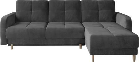 Canapé d’angle réversible convertible KINDO en velours avec pieds en bois clair – 240 cm