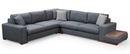 Canapé d'angle tissu anthracite avec étagère en bois sur la droite Kaloé 323 cm