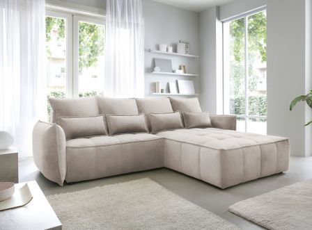 Canapé d’angle tissu effet cuir KAMPUS – Convertible et rangement